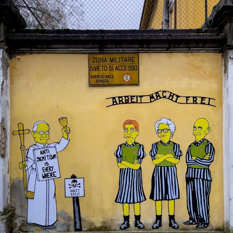 El papa y supervivientes del Holocausto protagonizan un mural contra el antisemitismo en Milán.