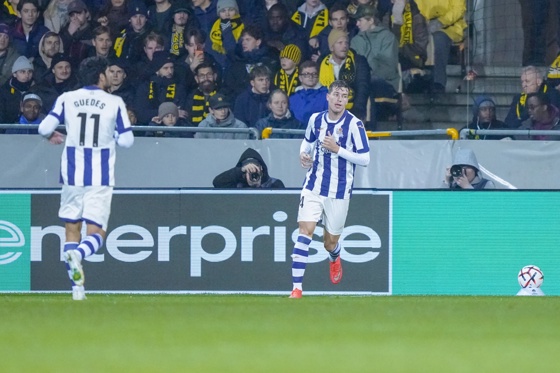 El jugador de la Real Sociedad Luka Sucic celebra tras marcar ante el Lillestrom en la Liga Europa. EFE/EPA/Jonas Been Henriksen