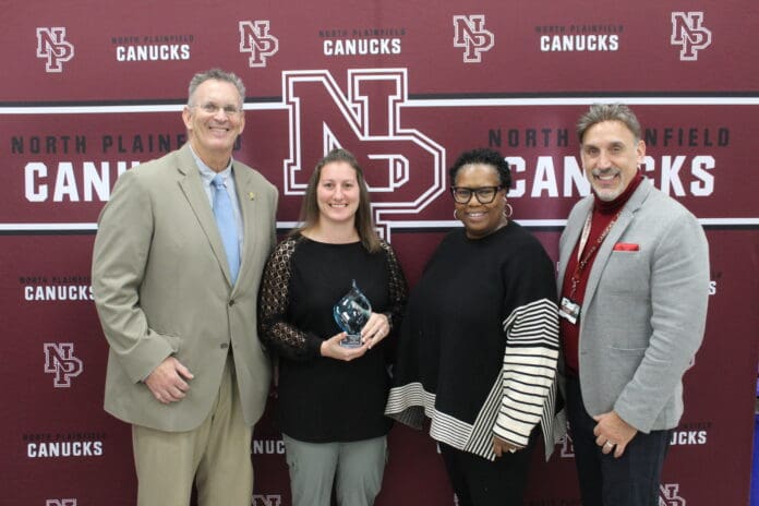 DLA Award Photo - Sean Dowling, NPHS Athletic Director_ Josephine Curcio, NPHS teacher_ Ametra Burton, Community Services Manager_ and Joseph Krouse, NPHS Principal.JPG