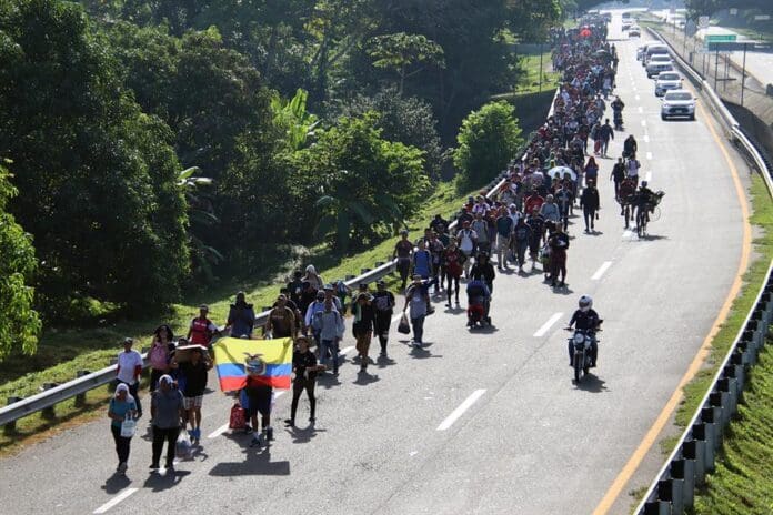 Migrants walk in a caravan in the municipality of Huixtla, Mexico, on Tuesday. December 3, 2024. EFE/Juan Manuel Blanco