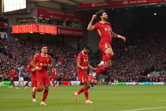 Dominik Dominik Szoboszlai of Liverpool celebrates scoring the 1-0 goal during the English Premier League match between Liverpool FC and Ipswich Town, in Liverpool, Britain, Jan 25, 2025. EFE/EPA/ADAM VAUGHAN