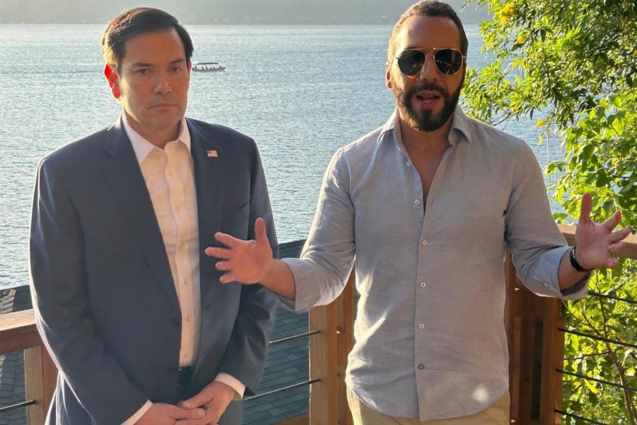The U.S. Secretary of State, Marco Rubio (L), poses alongside the President of El Salvador, Nayib Bukele, in El Congo, El Salvador, 3 February 2025. EFE/ Eduard Ribas
