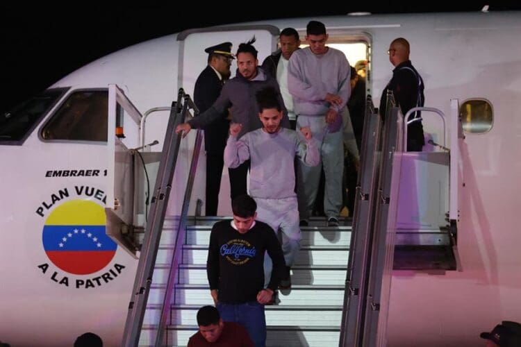 Venezuelan citizens disembark from a plane after being deported from the United States, at Simon Bolivar International Airport, in Caracas, Venezuela, 10 February 2025. EFE/ Miguel Gutiérrez