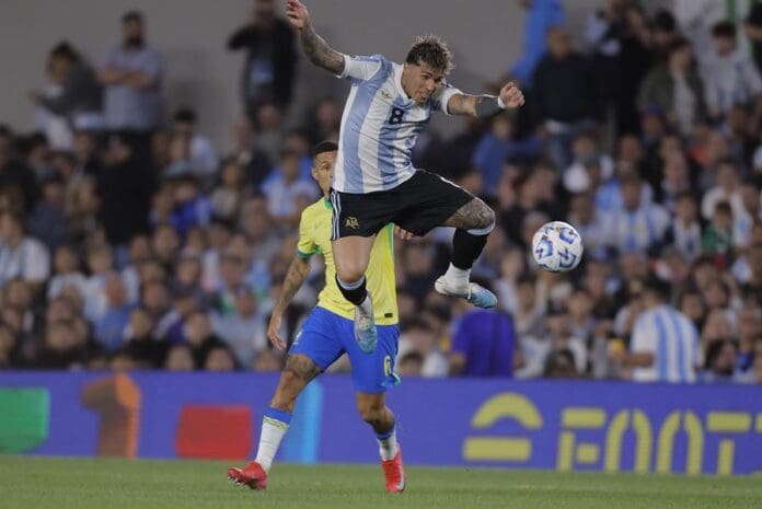 Enzo Fernandez (above) of Argentina controls the ball during a CONMEBOL FIFA World Cup 2026 qualifier soccer match between Argentina and Brazil at the Monumental stadium in Buenos Aires, Argentina, 25 March 2025. EFE-EPA/Juan Ignacio Roncoroni