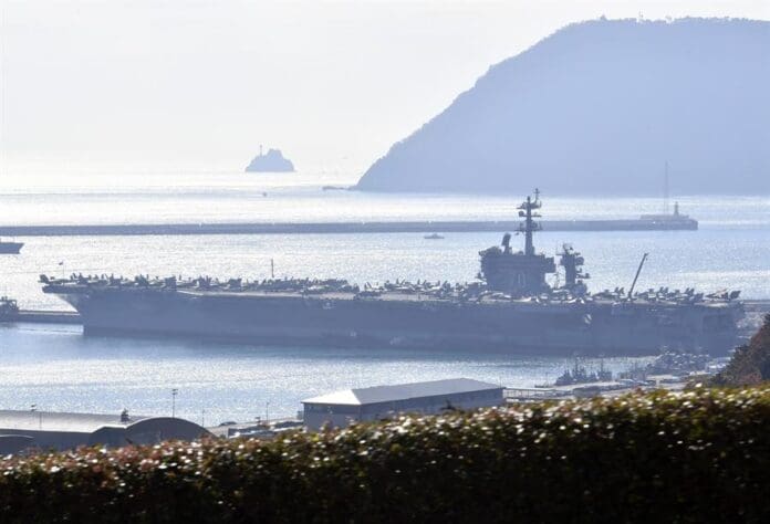 The nuclear-powered aircraft carrier USS Carl Vinson docks at a port in the southeastern port city of Busan, South Korea, 22 November 2023. EFE/EPA/SONG KYUNG-SEOK / POOL