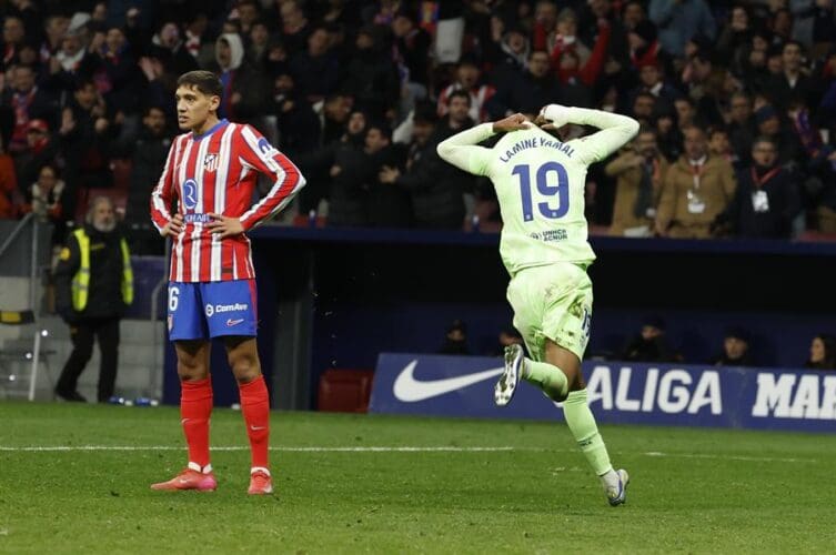 Lamine Yamal, celebrates third goal during Laliga EA Sports against Atlético de Madrid at the Metropolitano stadium in Madrid. Mar. 16, 2025. EFE / J.J.Guillen