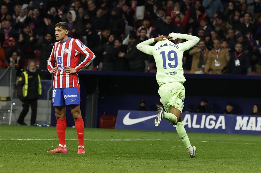 Lamine Yamal, celebrates third goal during Laliga EA Sports against Atlético de Madrid at the Metropolitano stadium in Madrid. Mar. 16, 2025. EFE / J.J.Guillen