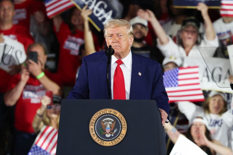 The President of the United States Donald Trump speaks during the celebration of the first 100 days of his second term, in Michigan, United States, 29 April 2025. EFE-EPA/DIEU-NALIO CHERY