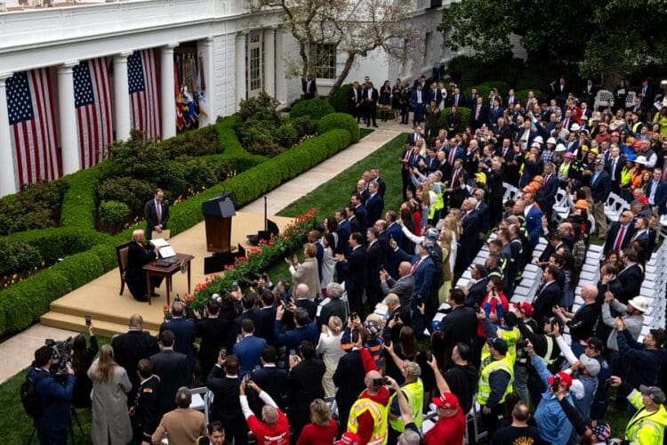 US President Donald Trump (L) during a tariff announcement in the Rose Garden of the White House in Washington, DC, US, 02 April 2025. EFE/EPA/KENT NISHIMURA
