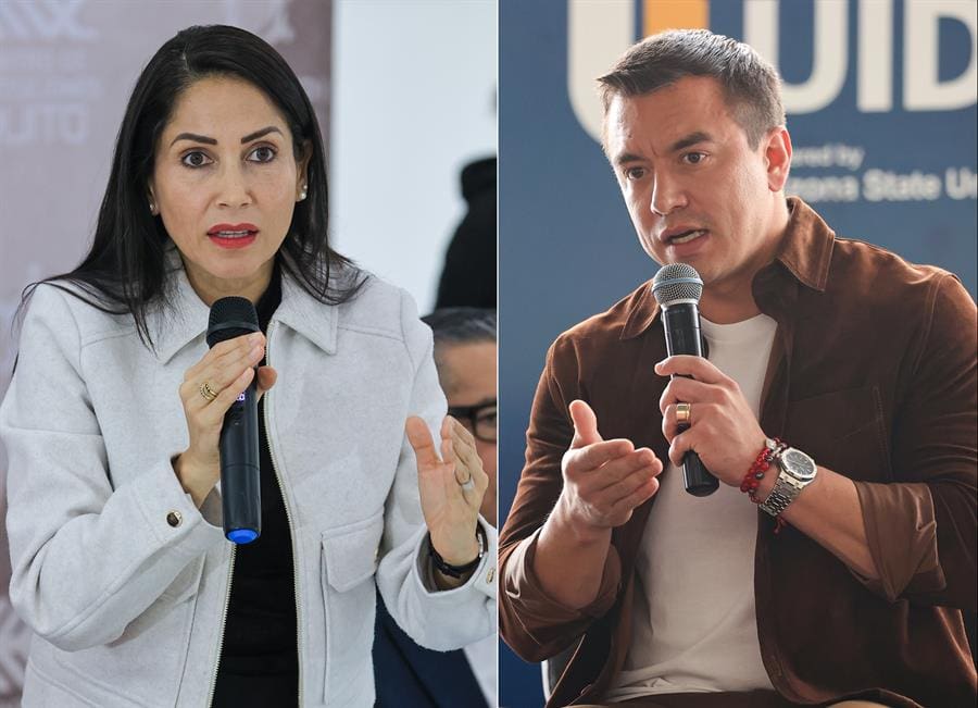 Combo of archive photographs of the candidate for the presidency of Ecuador, Luisa Gonzalez (left), and the president of Ecuador and candidate for reelection, Daniel Noboa. Apr. 7, 2025. EFE/ José Jacome
