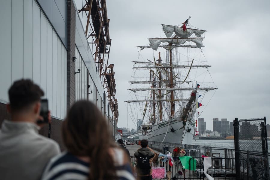 The Cuauhtemoc, a Mexican Navy training ship, is docked in the East River with broken masts after the vessel hit the Brooklyn Bridge on 17 May in New York, New York, USA, 21 May 2025. EFE/EPA/OLGA FEDOROVA