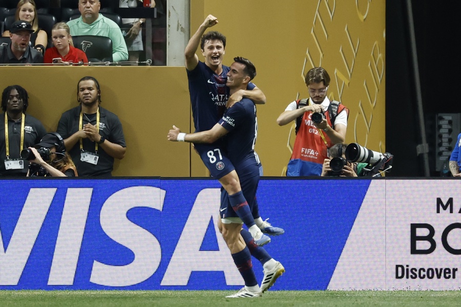 oao Neves of Paris Saint-Germain (L) celebrates with teammate Fabian Ruiz who assisted him in the 2-0 goal during the FIFA Club World Cup 2025 match between Paris Saint-Germain and Inter Miami CF in Atlanta, Georgia, USA, Jun. 29, 2025. EFE/EPA/ERIK S. LESSER