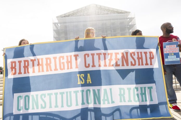 (FILE) Supporters of birthright citizenship gather outside the Supreme Court, where the high judges are hearing a Trump Administration challenge to the constitutional provision in Washington, DC, USA, 15 May 2025. EFE/EPA/JIM LO SCALZO/FILE