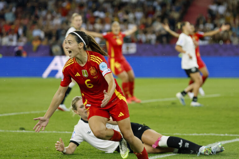 Spain's national team midfielder Aitana Bonmatí celebrates the first goal against Germany in the Women's Euro 2025 semifinal at the Letzigrund stadium in Zurich, Switzerland Jul. 23, 2025. EFE/ Ana Escobar