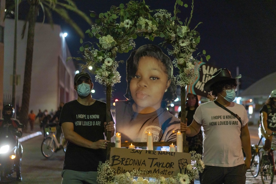 (FILE) Protesters gather in downtown Los Angeles during a demonstration held to demand justice for the death of Breonna Taylor after the results of a grand jury indictment of former Louisville police officer Brett Hankison in Los Angeles, California, USA, 23 September 2020. EFE/EPA/Kyle Grillot