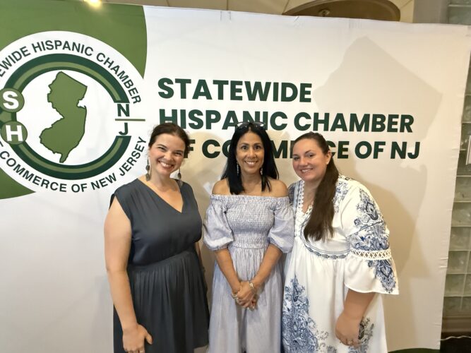 Kelly Blithe of the State Theater, Aixa López and Erica Horton of the Statewide Hispanic Chamber of Commerce of New Jersey at the 2025Hispanic Business Expo.
