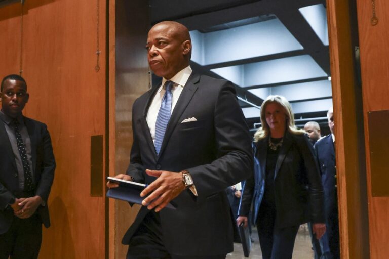 New York City Mayor Eric Adams (F) and New York Police Commissioner Jessica Tisch (B) enter a security briefing ahead of anticipated weekend protests at New York Police Department Headquarters in New York, New York, USA, 13 June 2025. EFE-EPA/SARAH YENESEL/FILE