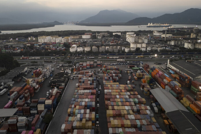 This aerial photograph shows cargo containers at the Port of Santos in Brazil. July 15, 2025. EFE/ Isaac Fontana