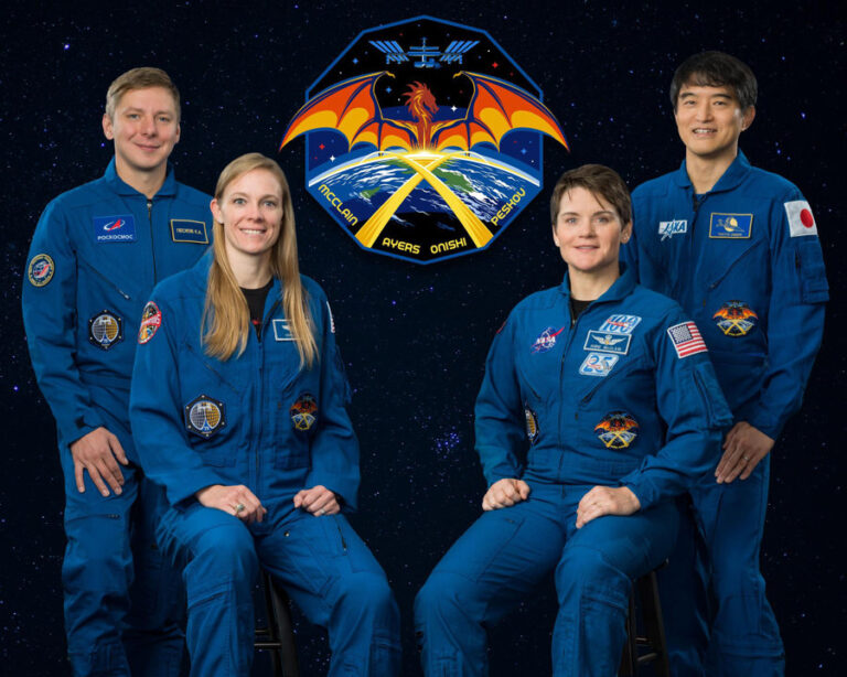(FILE). Undated photograph provided by NASA showing, from left to right, Russian cosmonaut Kirill Peskov, NASA pilot Nichole Ayers, NASA commander Anne McClain, and Japanese space agency JAXA mission specialist Takuya Onishi posing for the camera. EFE/ NASA/ Bill Stafford /Helen Arase Vargas