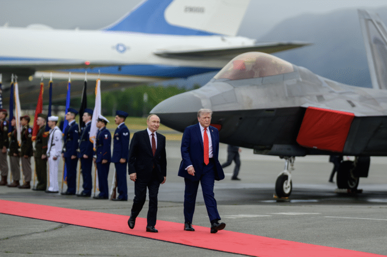 Russian president, Vladimir Putin walks on red carpet next to USA’s President Donald Trump in Alaska.