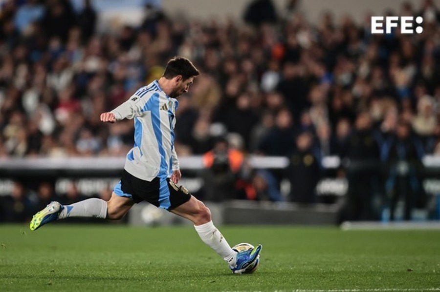 Lionel Messi of Argentina kicks the ball during the FIFA World Cup 2026 qualifiers soccer match between Argentina and Venezuela at the Monumental stadium in Buenos Aires, Argentina, 04 september 2025EFE/Adan González