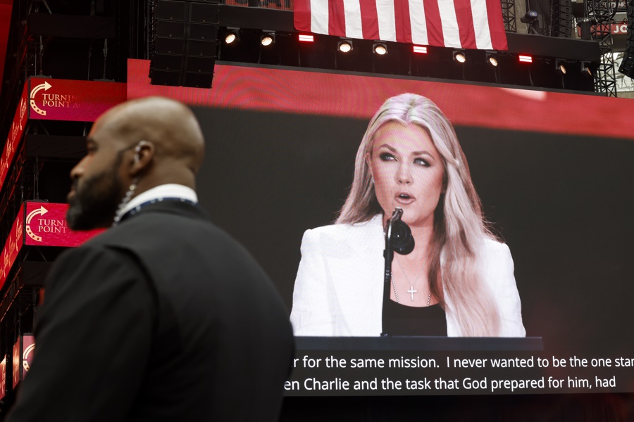 Erika Kirk, wife of Charlie Kirk, speaks during the public memorial service of political activist Charlie Kirk at State Farm Stadium in Glendale, Arizona, USA, 21 September 2025. EFE-EPA/CAROLINE BREHMAN