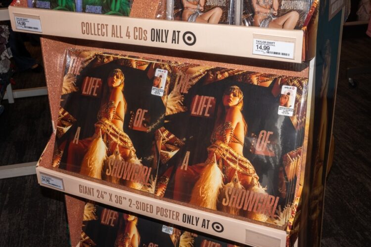 Copies of US singer Taylor Swift's album The Life of a Showgirl are seen on a stand during the release party at Target in Times Square, in New York, New York, USA, 03 October 2025. EFE-EPA/JOHN TAGGART