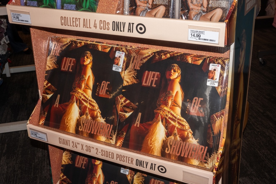 Copies of US singer Taylor Swift's album The Life of a Showgirl are seen on a stand during the release party at Target in Times Square, in New York, New York, USA, 03 October 2025. EFE-EPA/JOHN TAGGART