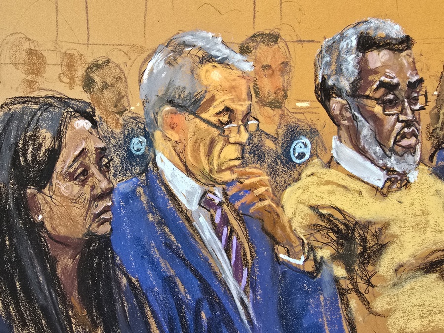 Photograph of a drawing by artist Jane Rosenberg that shows rapper Sean Combs (right), also known as Diddy, with his lawyers, Nicole Westmoreland (left) and Brian Steel, during the trial held on Friday in a New York courtroom. October 03, 2025. EFE/Jane Rosenberg