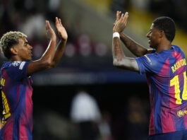 Champions League Update! Barcelona forward Marcus Rashford (right) celebrates with Lamine Yamal after scoring a goal during Tuesday's Champions League match between FC Barcelona and Olympiacos FC at the Lluís Companys Olympic Stadium. October 21, 2025. EFE/ Siu Wu