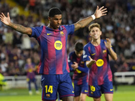 (FILE) Barcelona striker Marcus Rashford (L) celebrates after scoring the 4-1 goal during the match on matchday 3 of the Champions League between Barcelona and Olimpiacos, at the Estadi Olimpic Lluis Companys, in Barcelona, Spain, 21 October 2025. EFE/Siu Wu