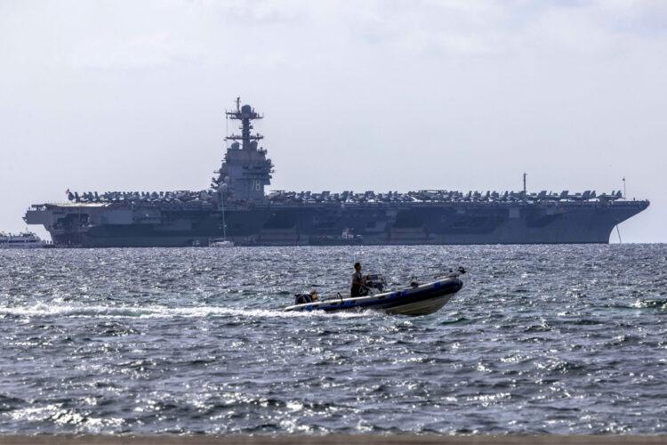 (FILE) Photograph of the US nuclear aircraft carrier USS Gerald R. Ford. Oct. 3, 2025. EFE/ Cati Cladera