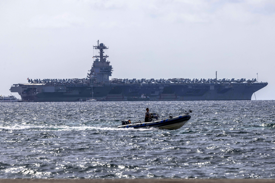 (FILE) Photograph of the US nuclear aircraft carrier USS Gerald R. Ford. Oct. 3, 2025. EFE/ Cati Cladera