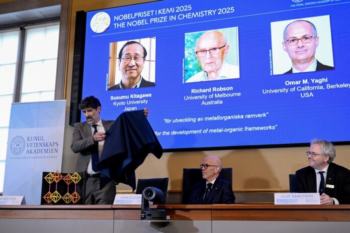 The 2025 Nobel Prize in Chemistry recipients are announced during a press conference at the Royal Swedish Academy of Sciences, in Stockholm, Sweden, 08 October 2025. EFE-EPA/FREDRIK SANDBERG/TT SWEDEN OUT