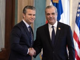 The President of the Dominican Republic, Luis Abinader (R), poses with the United States Secretary of War, Pete Hegseth (L) at the National Palace in Santo Domingo, Dominican Republic, Nov. 26, 2025. EFE/ Orlando Barria