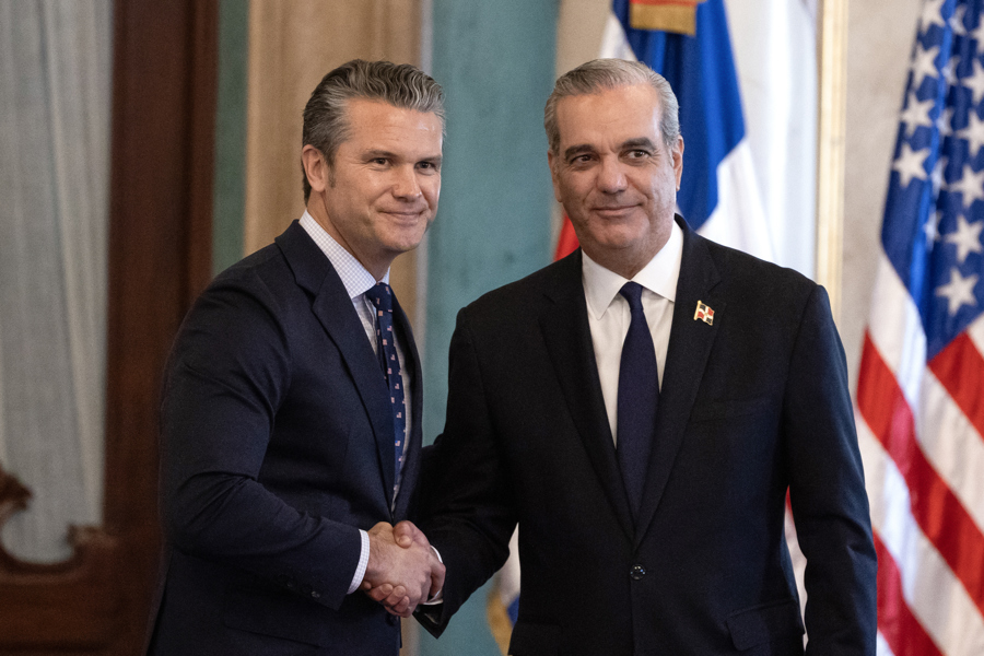 The President of the Dominican Republic, Luis Abinader (R), poses with the United States Secretary of War, Pete Hegseth (L) at the National Palace in Santo Domingo, Dominican Republic, Nov. 26, 2025. EFE/ Orlando Barria