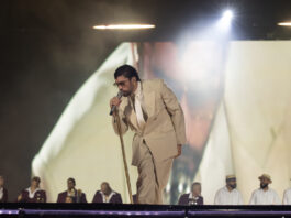 Puerto Rican singer Bad Bunny performs during a concert as part of his world tour DeBI Tirar Mas Fotos World Tour at the Felix Sanchez Olympic Stadium in Santo Domingo, Dominican Republic, 21 November 2025. EFE/ Orlando Barria