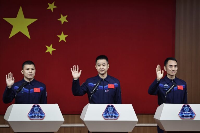 (FILE) Astronauts of the Shenzhou-20 space mission (L-R) Wang Jie, Chen Dong and Chen Zhongrui, attend a press conference at the Jiuquan Satellite Launch Center near Jiuquan, China, 23 April 2025. EFE/EPA/ANDRES MARTINEZ CASARES