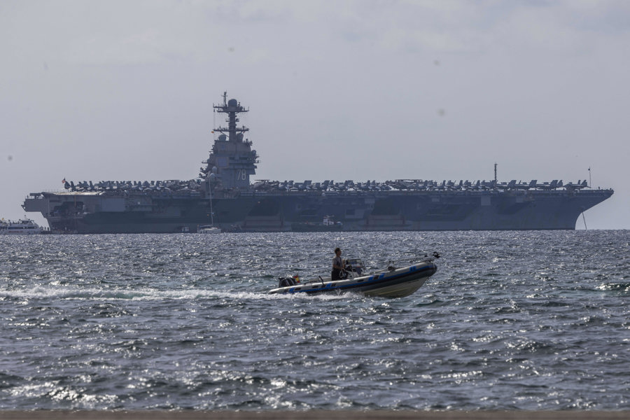 (FILE) The US nuclear-powered aircraft carrier USS Gerald R. Ford. Oct. 3, 2025. EFE/ Cati Cladera