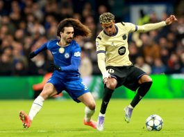 Marc Cucurella (L) of Chelsea in action against Lamine Yamal of Barcelona during the UEFA Champions League league phase match between Chelsea and Barcelona in London, Britain. November 25, 2025. EFE/EPA/NEIL HALL