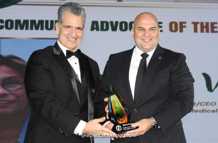 File.-Carlos Medina (left) President and CEO of the Statewide Hispanic Chamber of Commerce presents Alberto Garofalo, President, Bank of America New Jersey, the 2025 Latino Trailblazer of the Year Award.