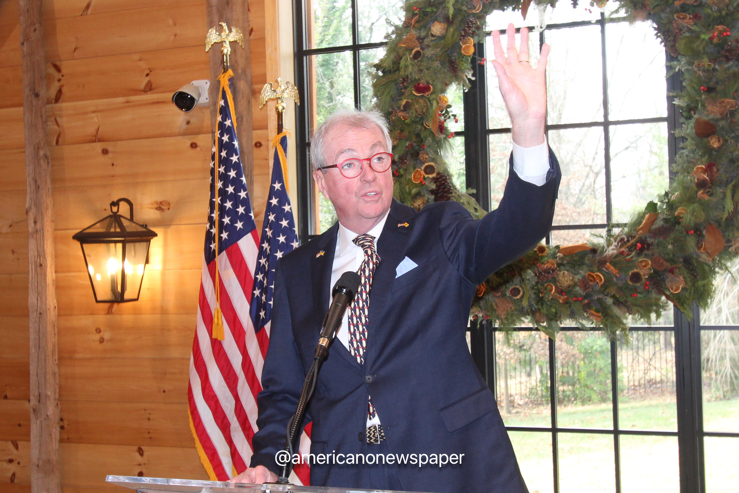 New Jersey's Governor, Phil Murphy welcomes press members to a holiday gathering at Drumthwacket's barn!