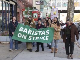 Striking Starbucks workers picket outside a Starbucks before Mayor-elect Zohran Mamdani and Senator Bernie Sanders arrive to join them in the Brooklyn borough of New York, New York, USA, Dec. 1, 2025. EFE/EPA/SARAH YENESEL