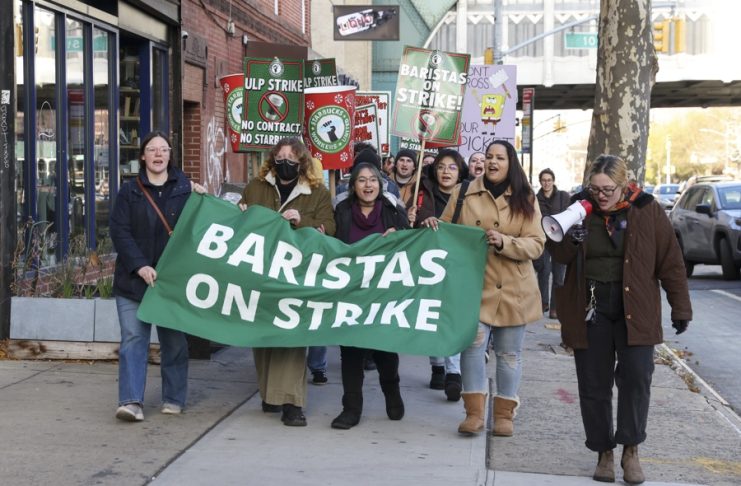 Striking Starbucks workers picket outside a Starbucks before Mayor-elect Zohran Mamdani and Senator Bernie Sanders arrive to join them in the Brooklyn borough of New York, New York, USA, Dec. 1, 2025. EFE/EPA/SARAH YENESEL