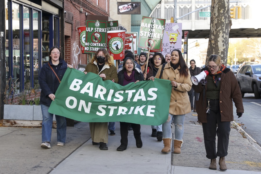 Striking Starbucks workers picket outside a Starbucks before Mayor-elect Zohran Mamdani and Senator Bernie Sanders arrive to join them in the Brooklyn borough of New York, New York, USA, Dec. 1, 2025. EFE/EPA/SARAH YENESEL