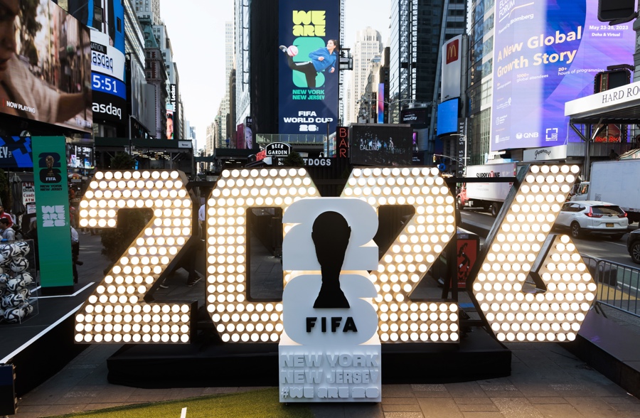 (FILE) Illuminated numbers in Times Square promote branding and logo for New York and New Jersey hosting games during the 2026 FIFA World Cup tournament; New York, USA. EFE/EPA/JUSTIN LANE