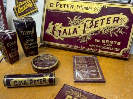 Packaging for the first milk chocolates, one of Switzerland's great inventions alongside the wristwatch and the Swiss Army knife, will celebrate a century and a half of history in 2025, a period in which the product has become universal but at the same time remains one of the main hallmarks of the Alpine country. Dec. 5, 2025. EFE/ Antonio Broto