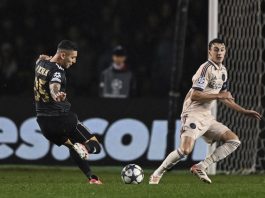 Pedro Bicalho (L) of Qarabaq FK in action against Youri Baas of AFC Ajax during the UEFA Champions League match between Qarabaq FK and AFC Ajax Amsterdam, in Baku, Azerbaijan, Dec. 10, 2025. EFE/EPA/STRINGER