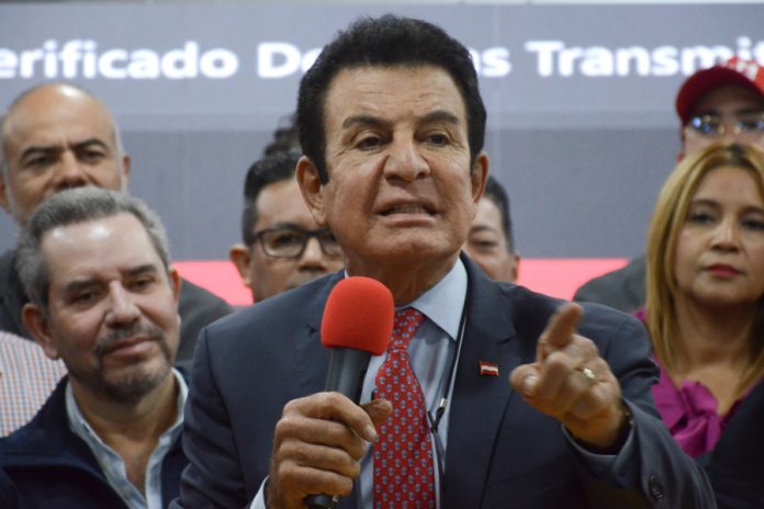 Honduran presidential candidate Salvador Nasralla speaks during the presentation of copies of the voting records in Tegucigalpa, Honduras, 02 December 2025. EFE/ STR