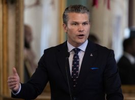U.S. Secretary of War Pete Hegseth speaks at the National Palace in Santo Domingo, Dominican Republic on Nov. 27, 2025. EFE/Orlando Barría